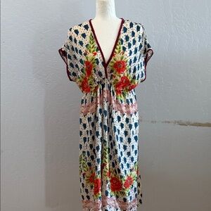 Elegant Floral Midi Dress with Red Accents